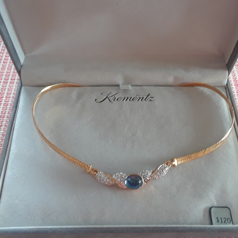 17" Krementz Blue Topaz and Rhinestone Necklace w/Gold Overlay